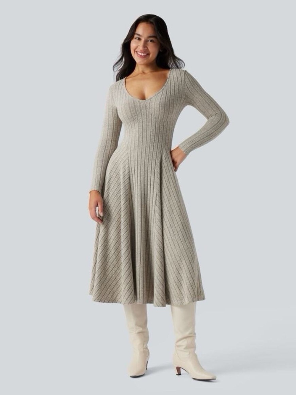 NWT HALARA Ribbed V‑Neck Long Sleeve Flared Knit Dress in Taupe Size M - Picture 6 of 8